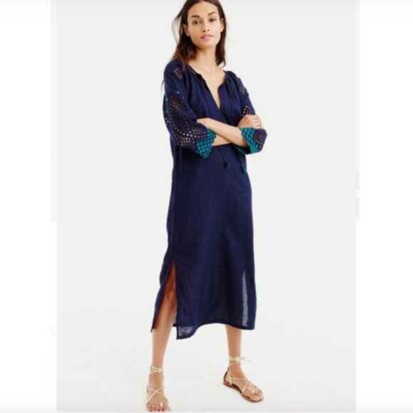 J. Crew Linen Caftan Cover-up Midi Dress Size S Nay Blue Navy Blue Side Slits - Picture 1 of 15